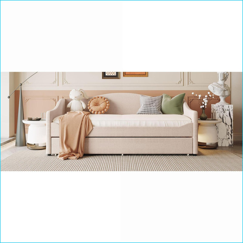 Twin Size Teddy Fleece Upholstered Daybed with Trundle &amp; LED Light, Beige for Small Spaces