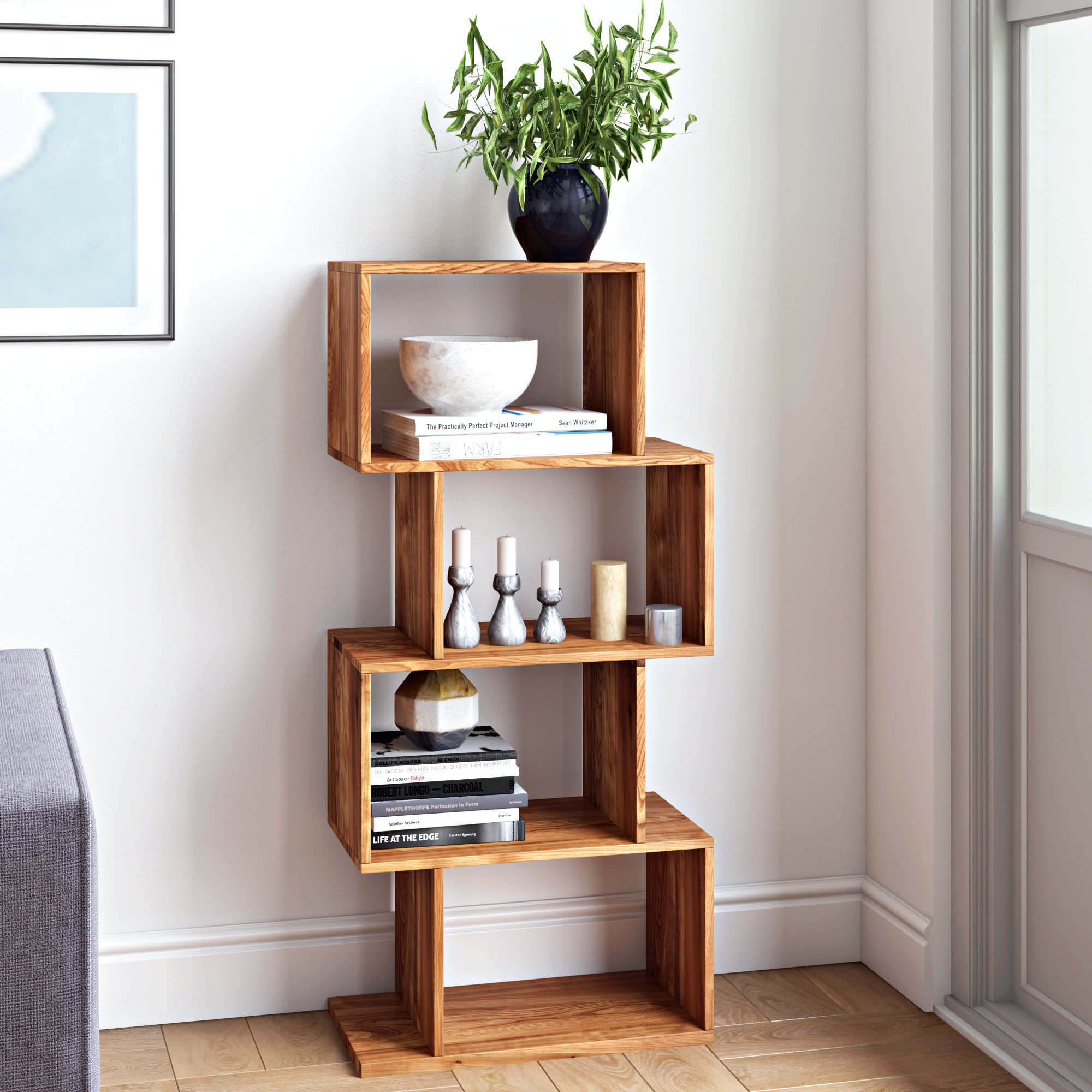Essense Solid Wood Geometric Bookcase, Brown