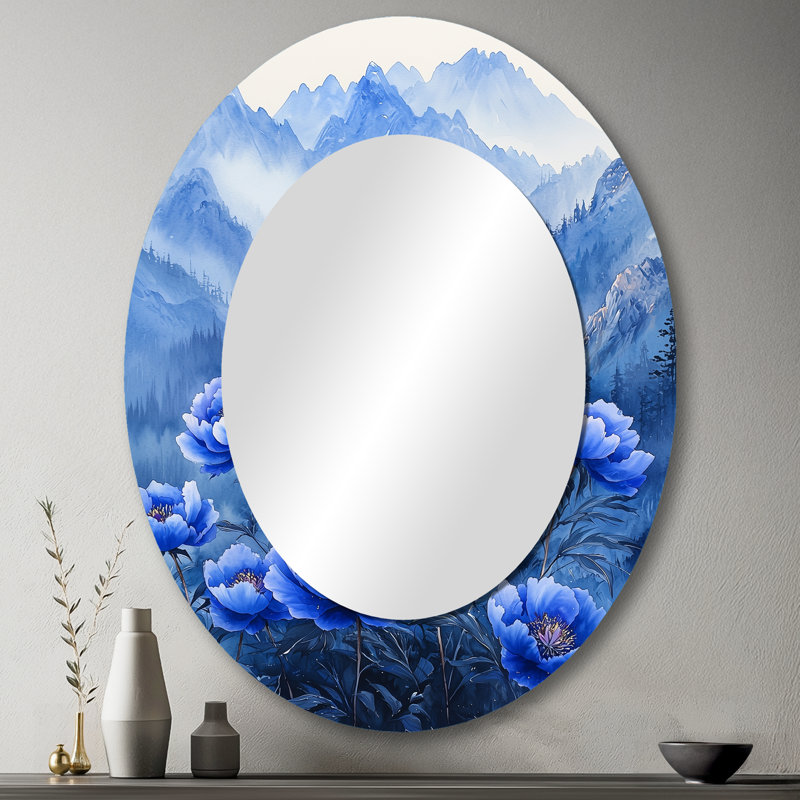 Pivoines bleues sur un sommet de montagne I - miroir mural ovale traditionnel, 43 po x 33 po