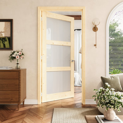 32" x 80" 3-Lite Pine Wood & Frosted Glass Interior Prehung Door with Silver Hinges, Privacy Glass Door Slab with Frame, Interior Door as Pantry Door, Bedroom Door, Laundry Door, Closet Doors, Room Doors, Left Hand