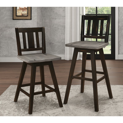 Of 2 360-degree Swivel Pub Height Chairs, Solid Rubberwood, Gray And Black, Vertical Slat Back, Dining Room Furniture 2 Distressed Gray/black 360° Swivel, Back For