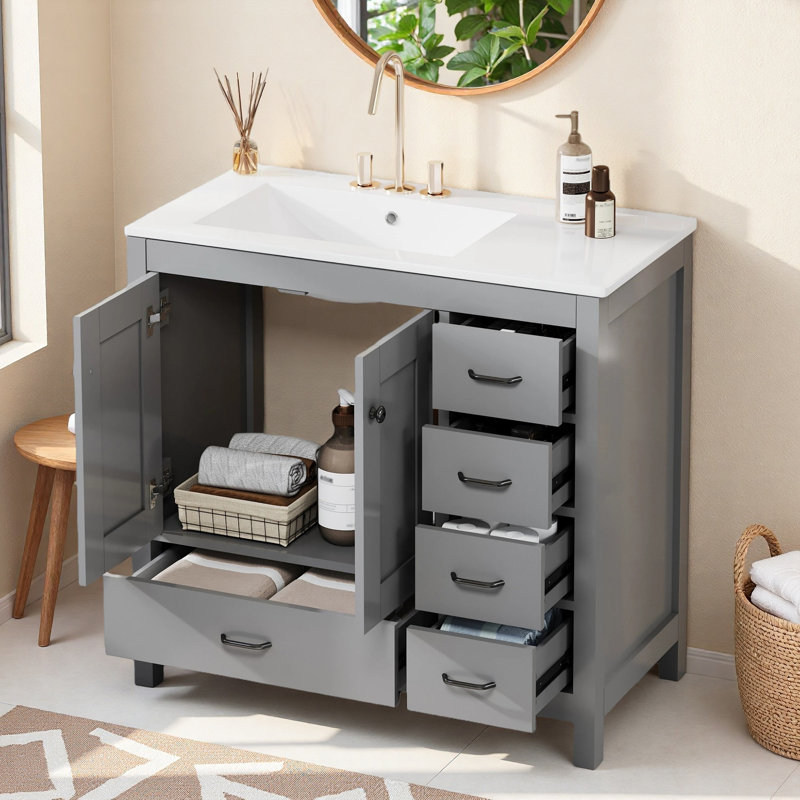 Meuble-lavabo simple 36 po avec plateau en céramique, 5 tiroirs et 2 portes, Gris