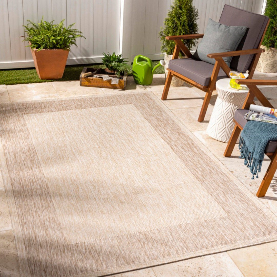 Beige Vanilya Modern Outdoor Rug, Bordered Stain Resistant Easy to Clean Rug For Patio, Balcony, Decks & Garden