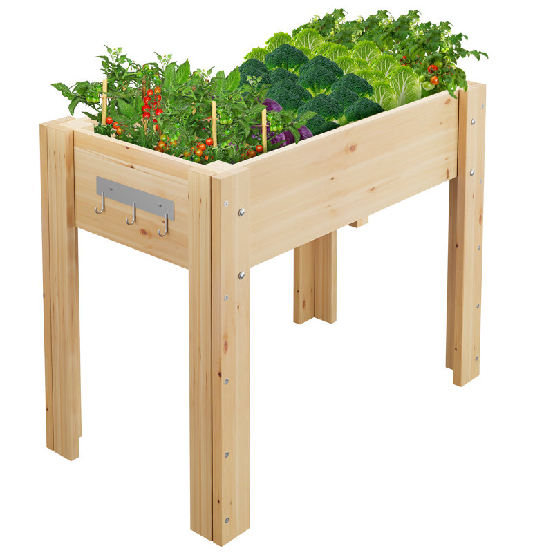 Bac à légumes surélevé en bois massif de 30 po x 18 po x 30 po avec pieds de soutien et crochets de suspension à outils multi-usage pour espaces de jardin