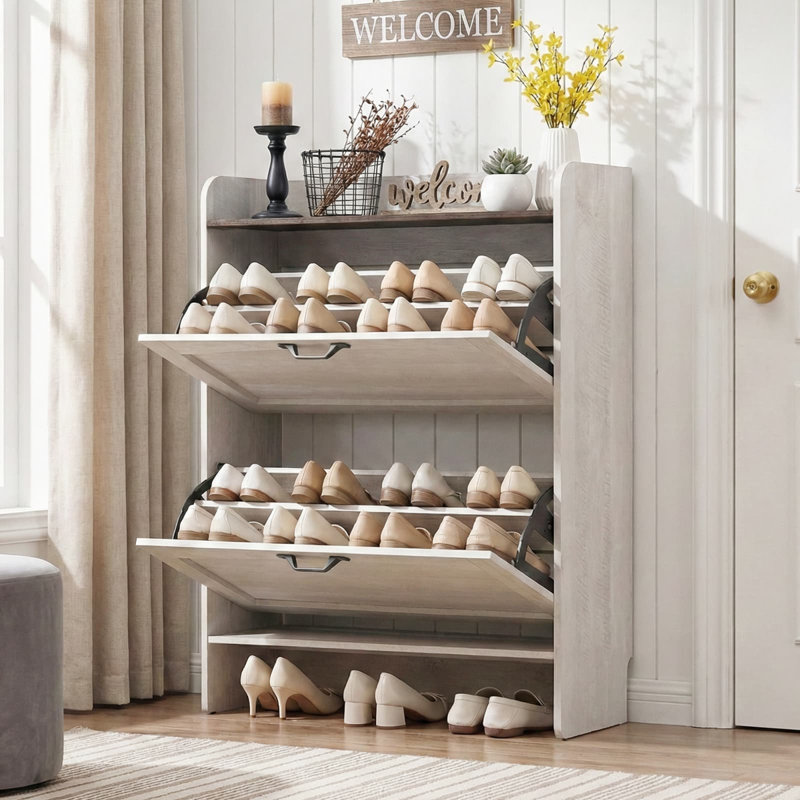 Armoire de rangement pour chaussures avec 2 tiroirs rabattables - peut contenir 16 paires pour le vestibule avec portes et tablettes réglables, range-chaussures