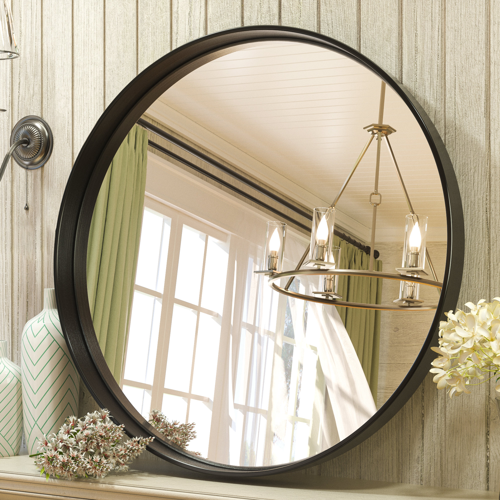 Ebern Designs Valancia Round Bathroom Vanity Mirror with 2