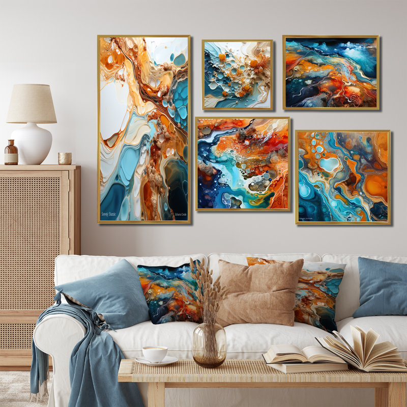 Encre liquide bleue et blanche Geyser - formes abstraites, ensemble de 5 reproductions d'art sur toile, Cadre flottant doré