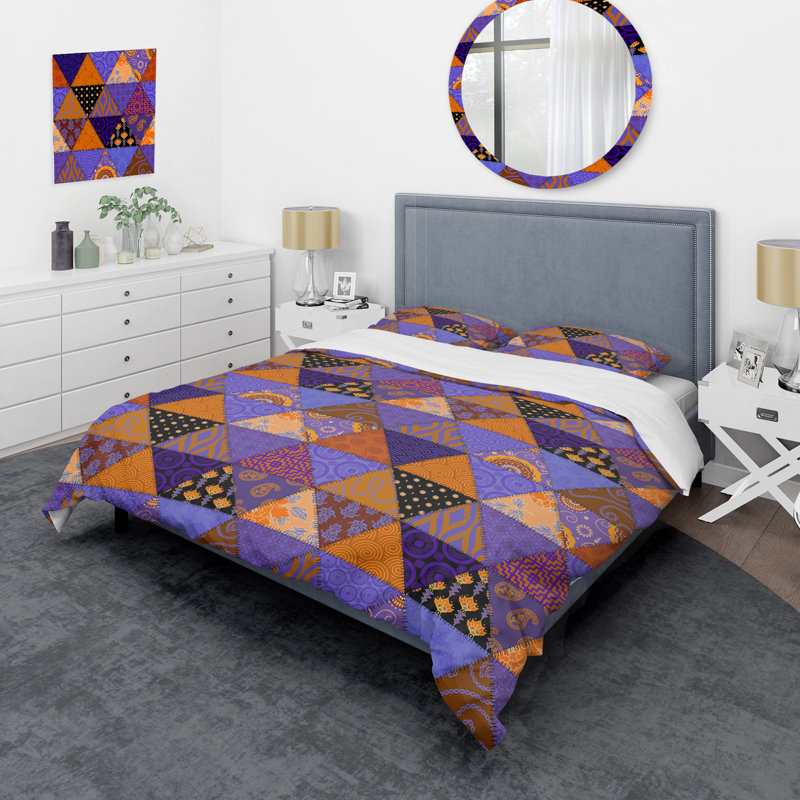 Orange and Purple Patchwork - Abstract Duvet Cover Set - Microfiber Polyester, Twin Duvet Cover + 1 Standard Sham