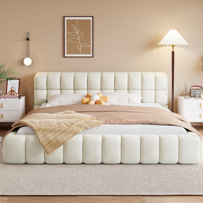 Lit plateforme tapissier très grand avec tissu épais, lit au sol avec structure solide, beige
