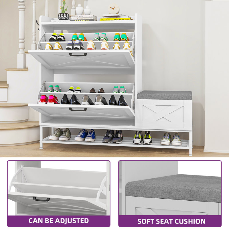16 Pairs Farmhouse Shoe Storage Cabinet with Shoe Bench, White