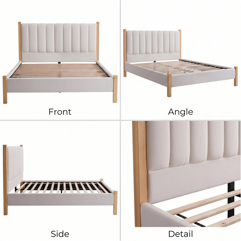 Scandinavian Upholstered Platform Bed with Solid Wood Frame, Beige, Queen