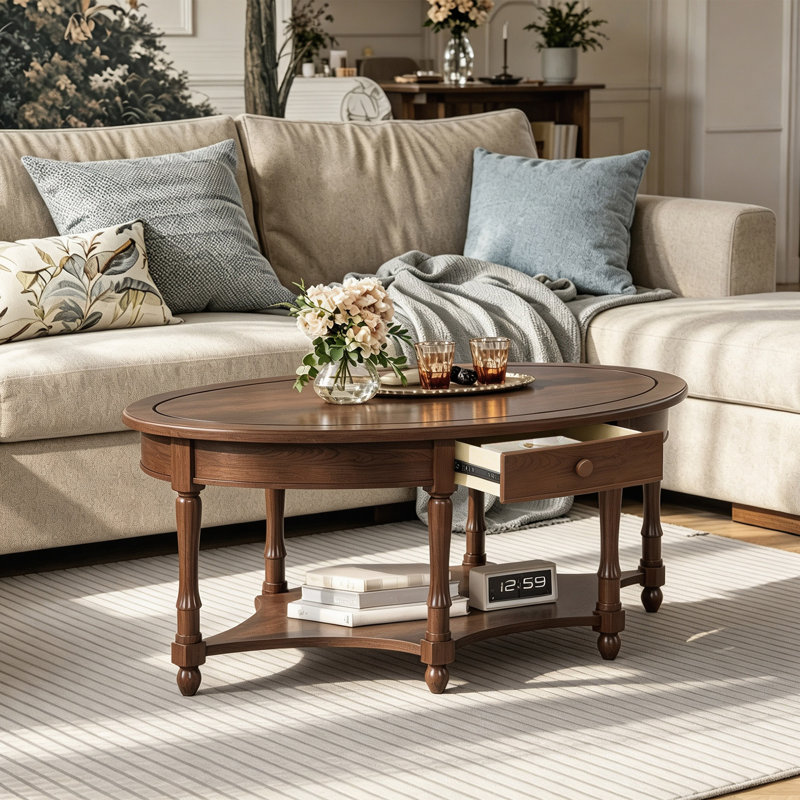 Table basse ovale 45 po avec tiroir et tablette de rangement pour le salon, Noyer foncé