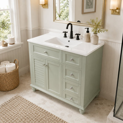 36.1" Sage Green Bathroom Vanity with Integrated Ceramic Sink, Louvered Cabinet, Side Drawers, and Adjustable Shelf
