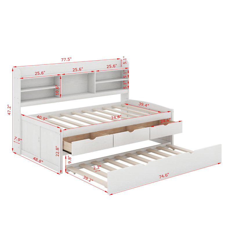 Twin Size Wooden Captain Bed With Built-In Bookshelves,Three Storage Drawers And Trundle, White Wash