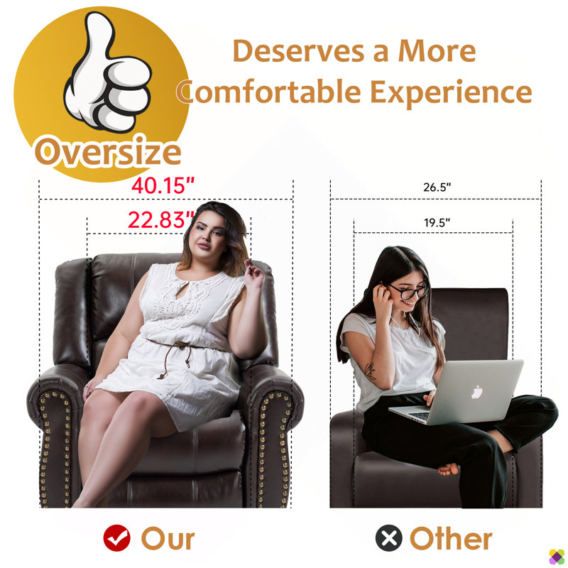 Annettia Oversize 40.15" W 180° Flat Lay Lift Power Recliner, Genuine Leather Match Massage Heater, Brown Leather Match