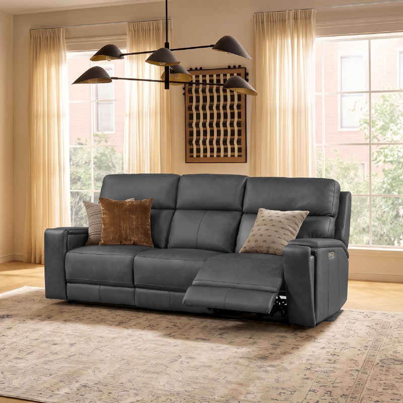 Canapé 3 places en cuir véritable double puissance avec porte-gobelets escamotables et port USB intégré, Gris