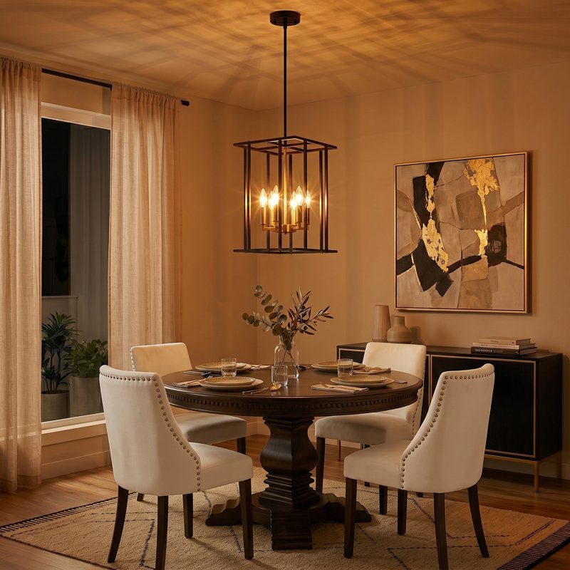 6 - Light Dimmable Lantern Rectangle Chandelier, Gold