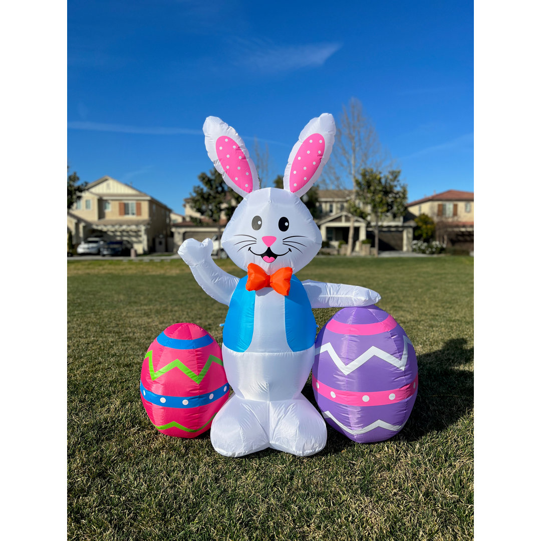 5 Foot Tall Happy Easter Lighted Inflatable Bunny Rabbit with Two Colorful Eggs Indoor / Outdoor Blow Up Yard Decoration Inflatable The Holiday Aisle®