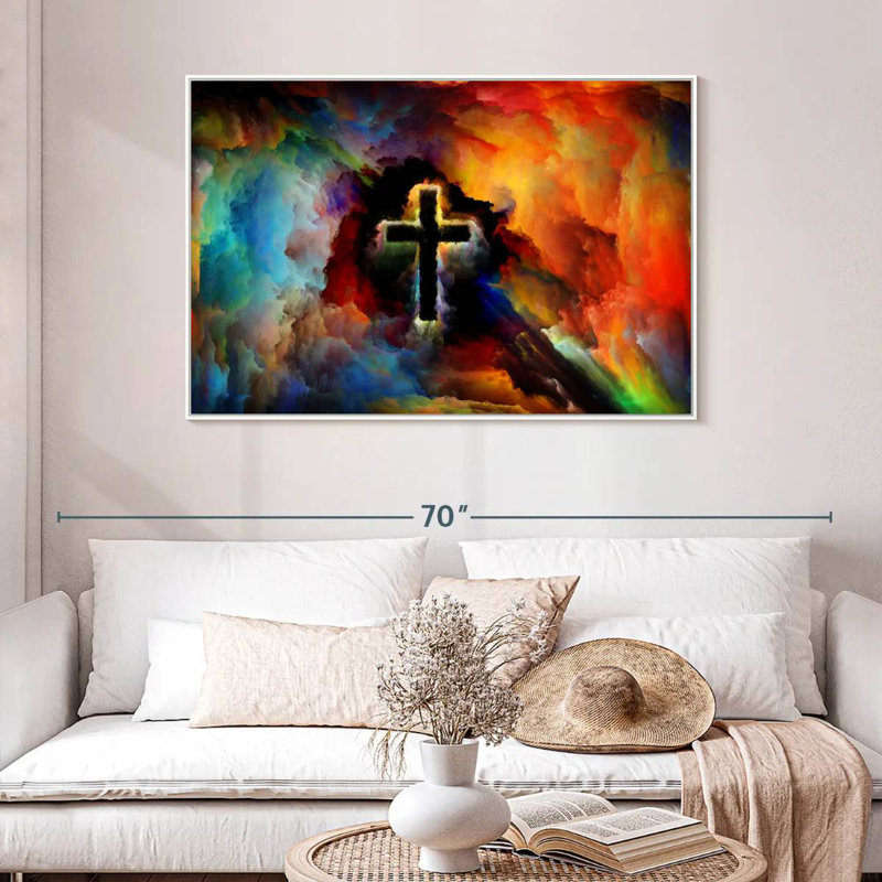 Croix colorée, 46 po x 31 po, Cadre flottant blanc