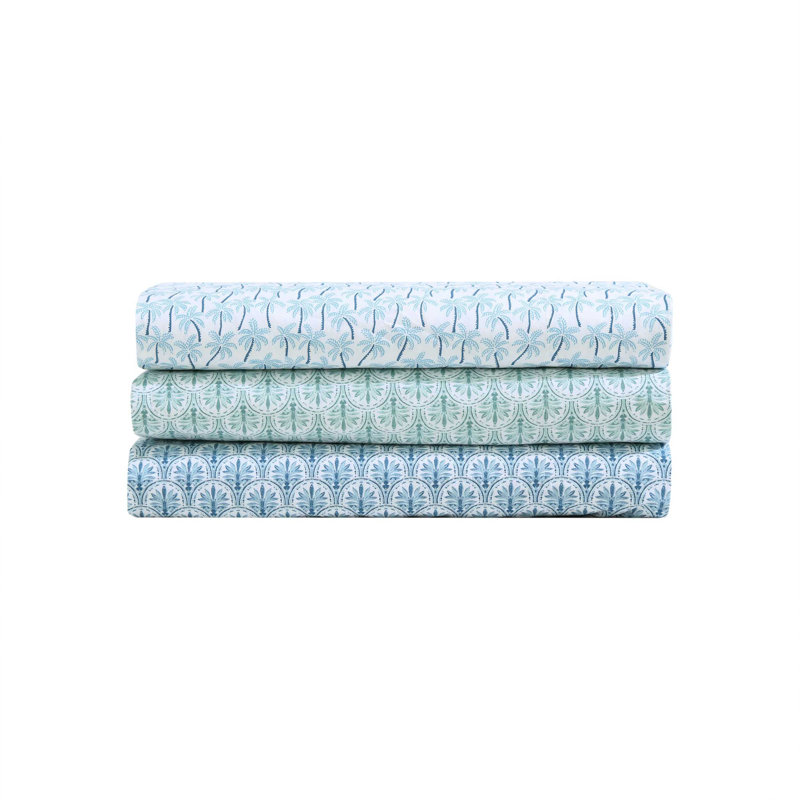 King Blue Cotton Percale Palm Print Sheet Set
