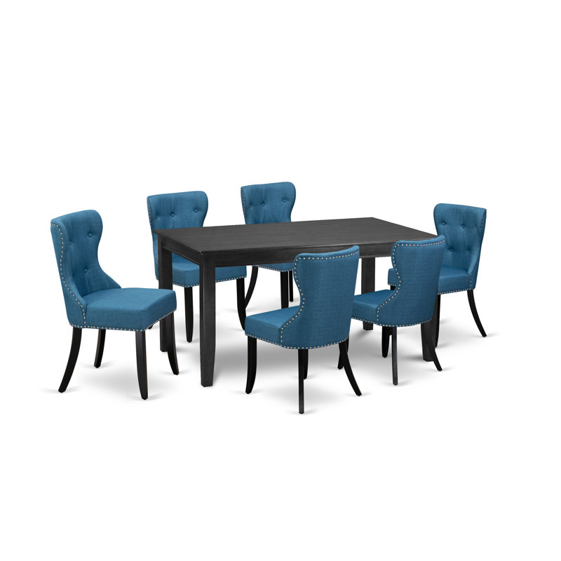 7 Piece Dining Table Set Consist of a Rectangle Kitchen Table and 6 Blue Linen Fabric Parsons Dining Chairs, Black, Black, 7