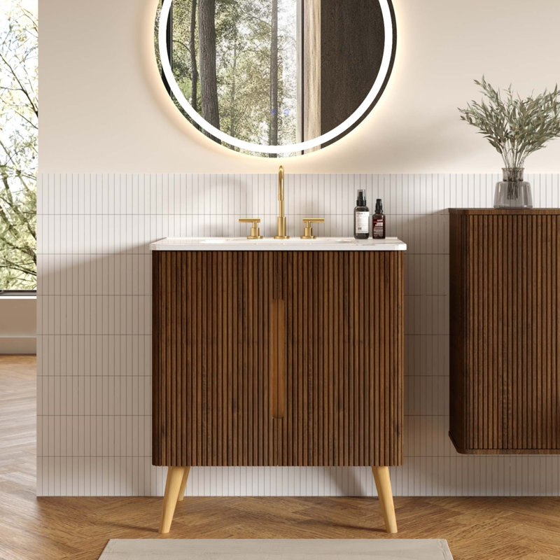 Meuble-lavabo moderne en noyer rayé avec lavabo en céramique intégré