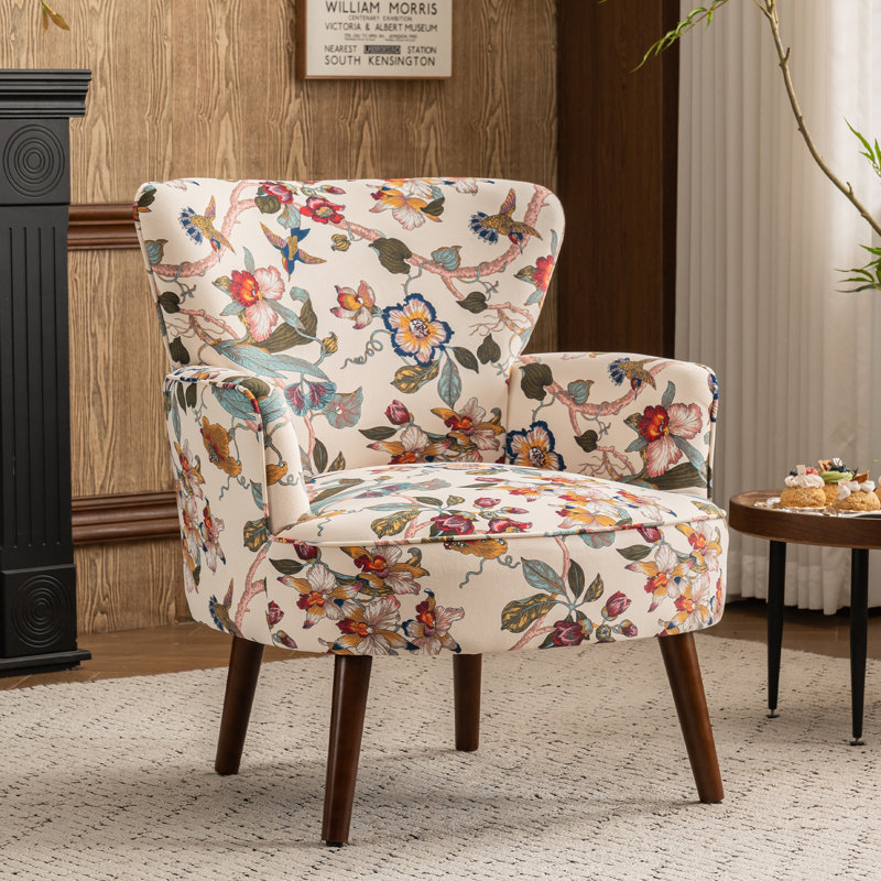 Upholstered Mid Century Modern Floral Accent Armchair with Solid Wood Legs, Beige