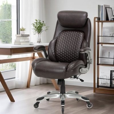 Faux Leather Ergonomic Executive Office Chair with Pop-Out Lumbar Support, Thick Cushion & Flip-Up Arms by Inbox Zero