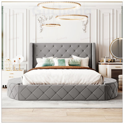 Upholstered Platform Bed with Wingback Headboard, Large Drawer, and Side Storage Stools for Elegant and Functional Bedrooms