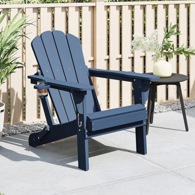 Fauteuil Adirondack réglable en PEHD, bleu, inclinable à 3 positions, pliable, porte-gobelets et téléphone, extérieur toutes saisons