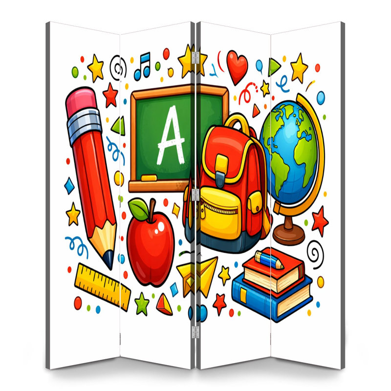 Retour à l'école 4 panneaux paravent paravent Royal coloré fournitures scolaires crayon globe toile écran séparateur de chambre autoportant protecteur cloison d'intimité