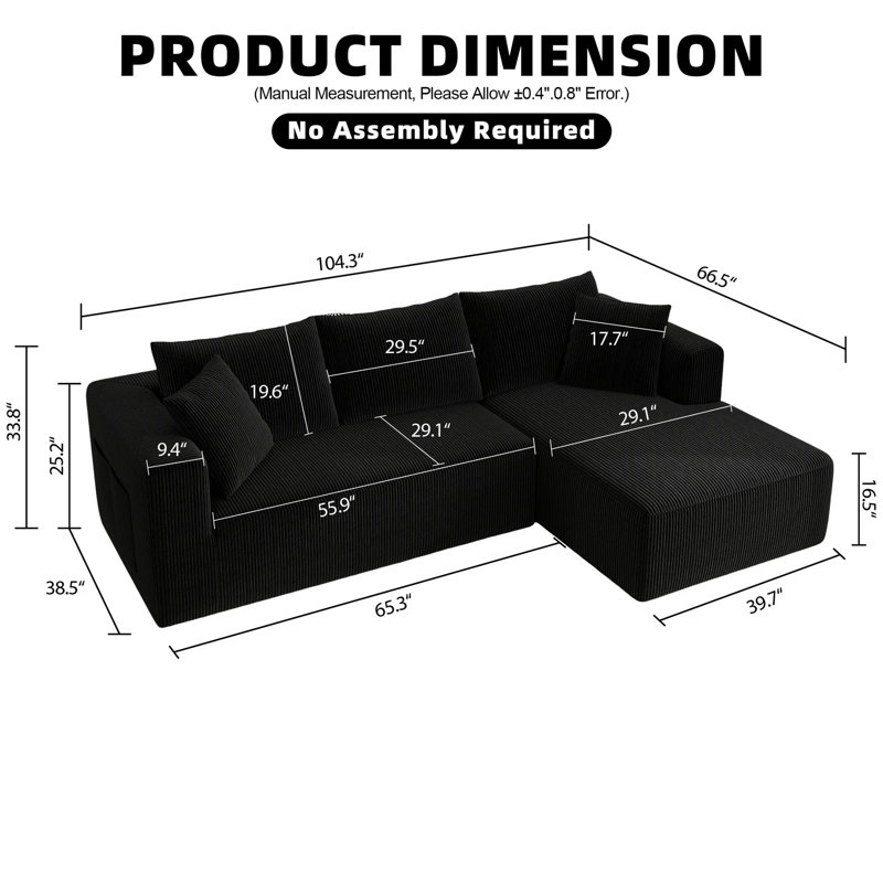 Cioffi modulaire en forme de L avec méridienne de 104 po avec méridienne désossée, velours côtelé à assise profonde confortable
