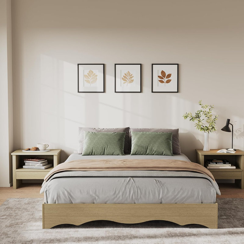 Structure de lit plateforme simple à bord ondulé XL, lattes robustes, finition bois naturel, Tan, Simple extra long