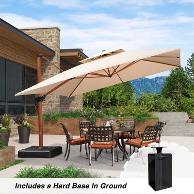 Jetton 144'' Square Wood Pattern Cantilever Umbrella With Base In Ground,Beige