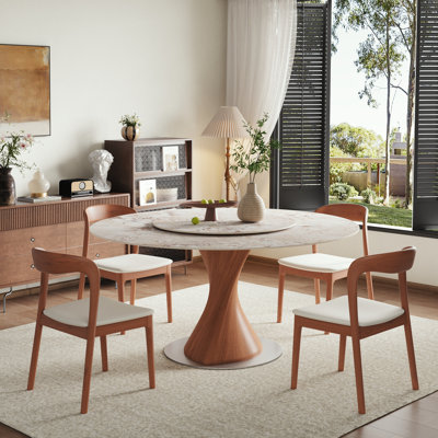 5\7 Pcs Modern Round Sintered Stone Dining Table Sets With Removable Lazy Susan & Comfort High-Density Foam Kitchen Chairs For 4\6