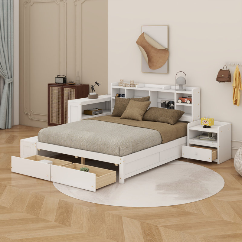 Lit plateforme en bois avec espace de rangement multifonctionnel, table de chevet, tiroirs, ports USB et bureau, Blanc