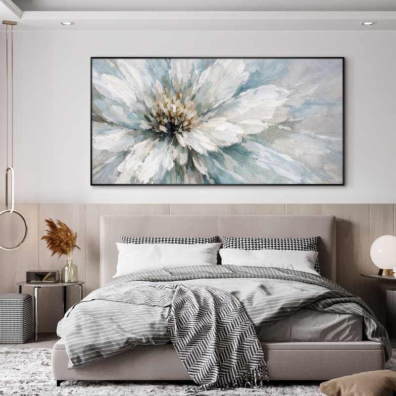 Très grand art mural imprimé sur tissu - Décor de chambre à coucher contemporain bleu et floral - «Assemblage requis (cadre non fini)»