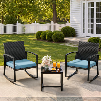  Ensemble bistro à bascule - structure en acier renforcé - ensemble de mobilier de patio 3 pièces, ensemble de conversation en rotin d'extérieur avec table en verre trempé, chaises en osier toutes saisons pour balcon de jardin bleu