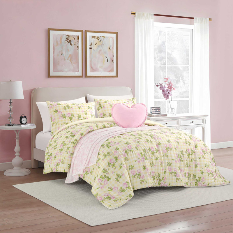 Betsey Johnson Gingham Rose Reversible Yellow Comforter Bonus Set, Twin XL Comforter+3 of Additional Pieces Included, Yellow