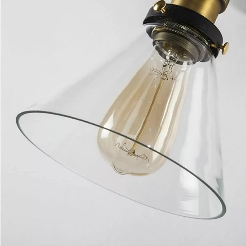 Industrial Pendant Light with Glass Shade Brass Fittings Smokey Grey Clear or Gold, Clear