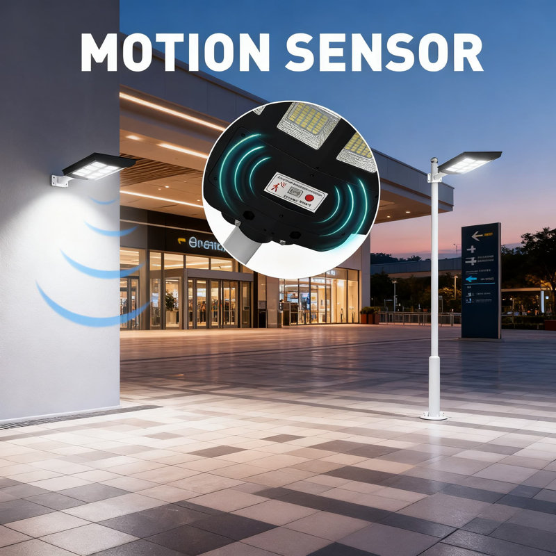 Lampadaires solaires 8600W d'extérieur avec capteur de mouvement, éclairage crépuscule à l'aube de 320 °, IP66 imperméable pour les stationnements commerciaux, les cours et les parcs (paquet de 2)