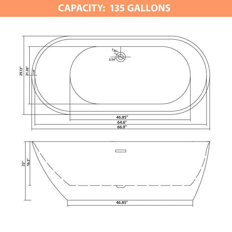 66.9 Inch Freestanding Acrylic Bathtub Technical Dimension Drawing