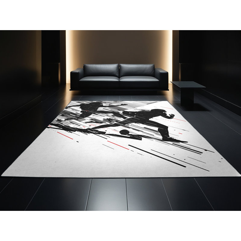 Machine Washable Marvale American Football Action Play Modern & Contemporary Geometric Rug in Gray – Black Binding, 4x6