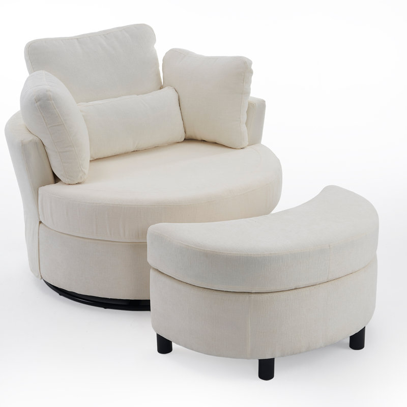 Swivel Armchair with Footstool, Beige Chenille