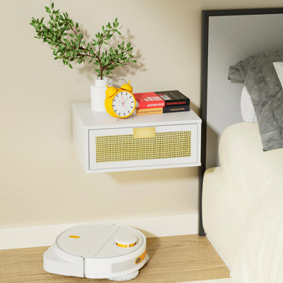 Floating Nightstand with Rattan Weaving Drawer, Wall Mounted(White)