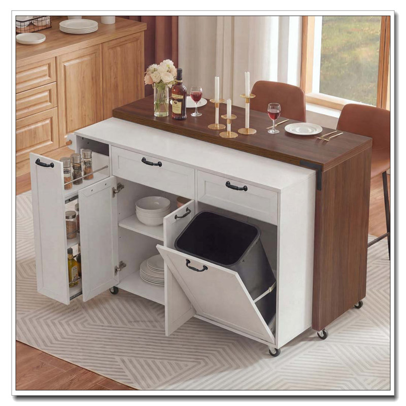 102.3" Kitchen Island with Extendable Dining Table, Kitchen Rolling Island Cart with Trash Storage Cabinet, White