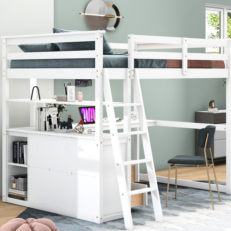 Lit mezzanine double pleine grandeur avec bureau, tablette et tiroir