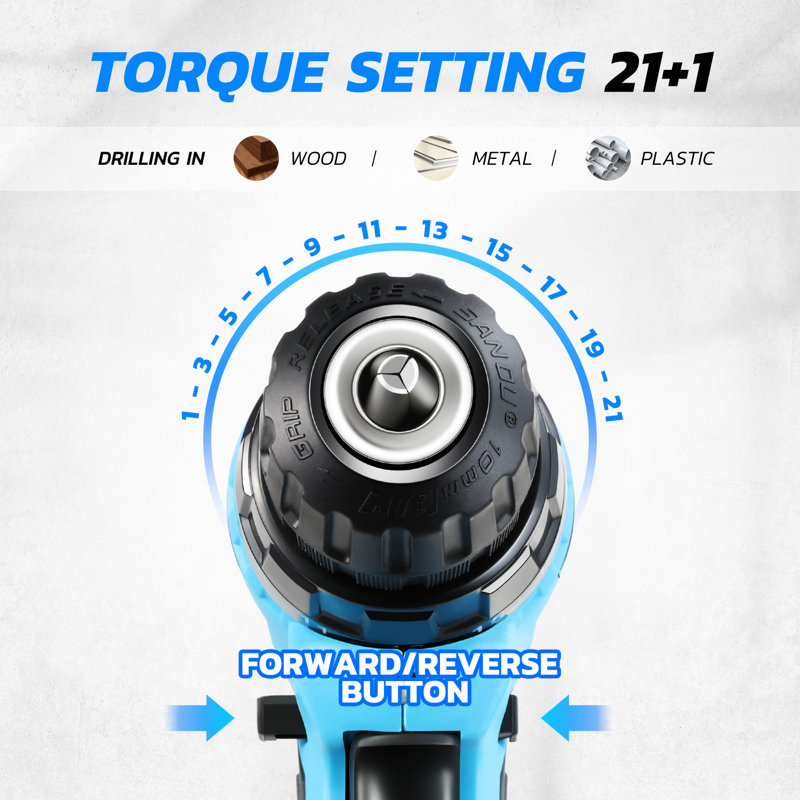 12V 3/8" 21+1 Torque Setting Power Cordless Drill Driver w/ Battery Charger Blue