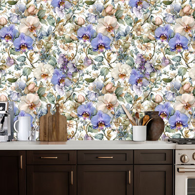 Papier peint adhésif peler et coller en PVC, revêtement mural auto-adhésif amovible avec impression de décoration botanique florale Rainful Garden, imperméable pour la décoration intérieure - rouleau