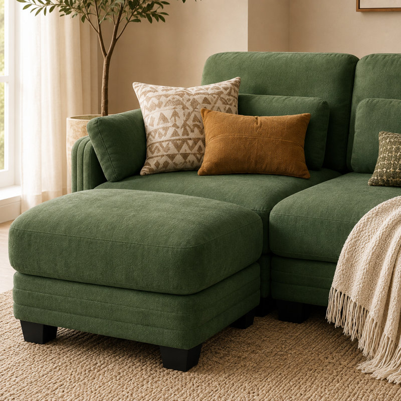 Canapé d'angle Channell 4 places en forme de U, capitonné, avec 2 poufs amovibles, canapé modulable moderne et minimaliste, revêtement Thickille, mousse haute résilience, assise matelassée